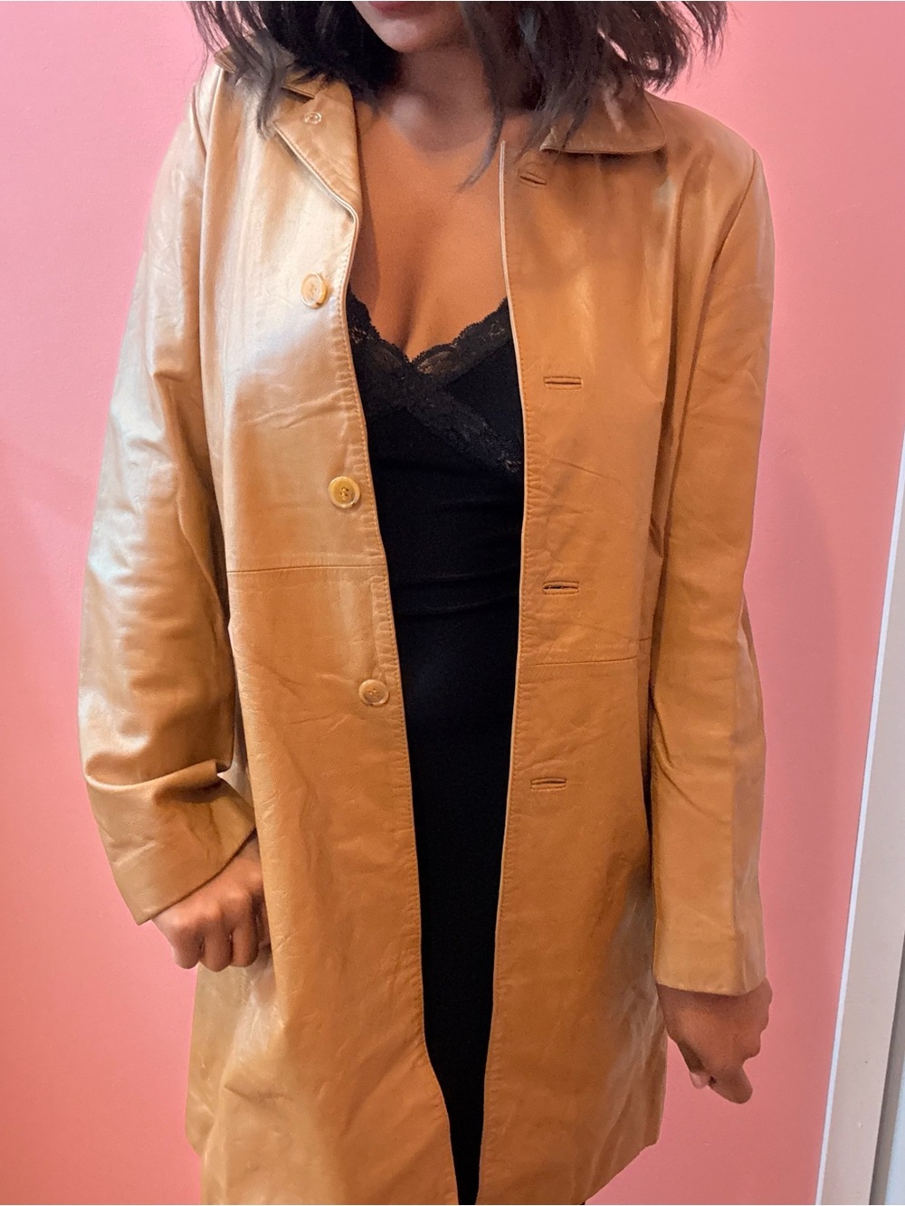 Vintage Long Tan Leather Coat
